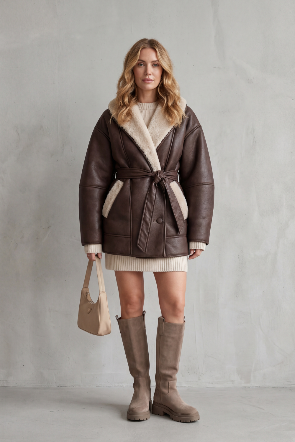 Manteau Femme Ceinturé en Cuir Synthétique - Empiècements Polaire Contrastants