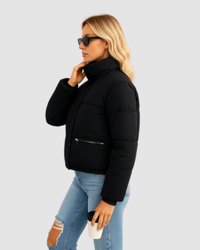 Doudoune Courte Femme Col Montant Poches Zippées – Coupe Moderne