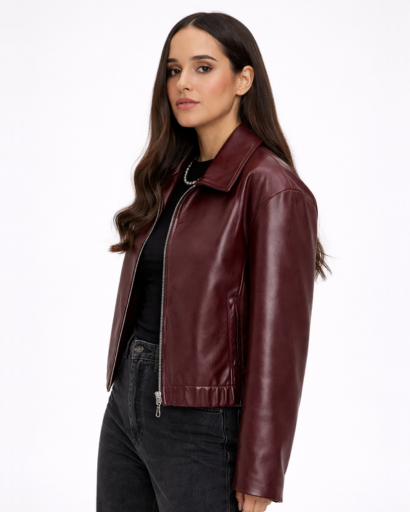 Veste femme effet cuir coupe courte zippée col classique
