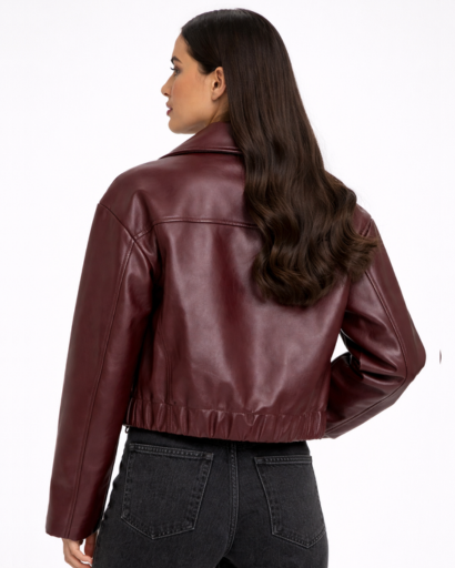 Veste femme effet cuir coupe courte zippée col classique