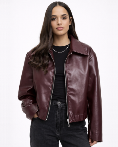 Veste femme effet cuir coupe courte zippée col classique
