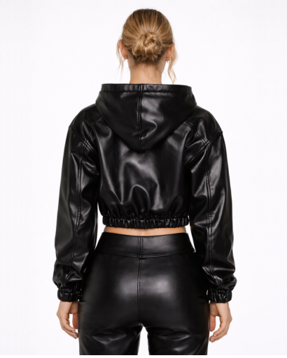 Veste Crop Femme à Capuche Effet Cuir Fermeture Zippée