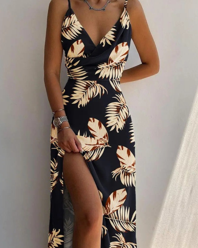 Robe à col en V pour femmes - Élégante avec fente haute