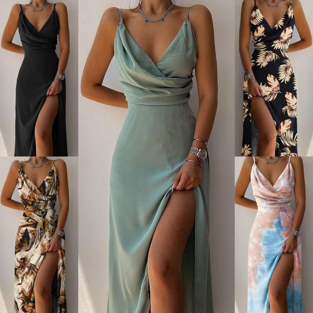 Robe à col en V pour femmes - Élégante avec fente haute