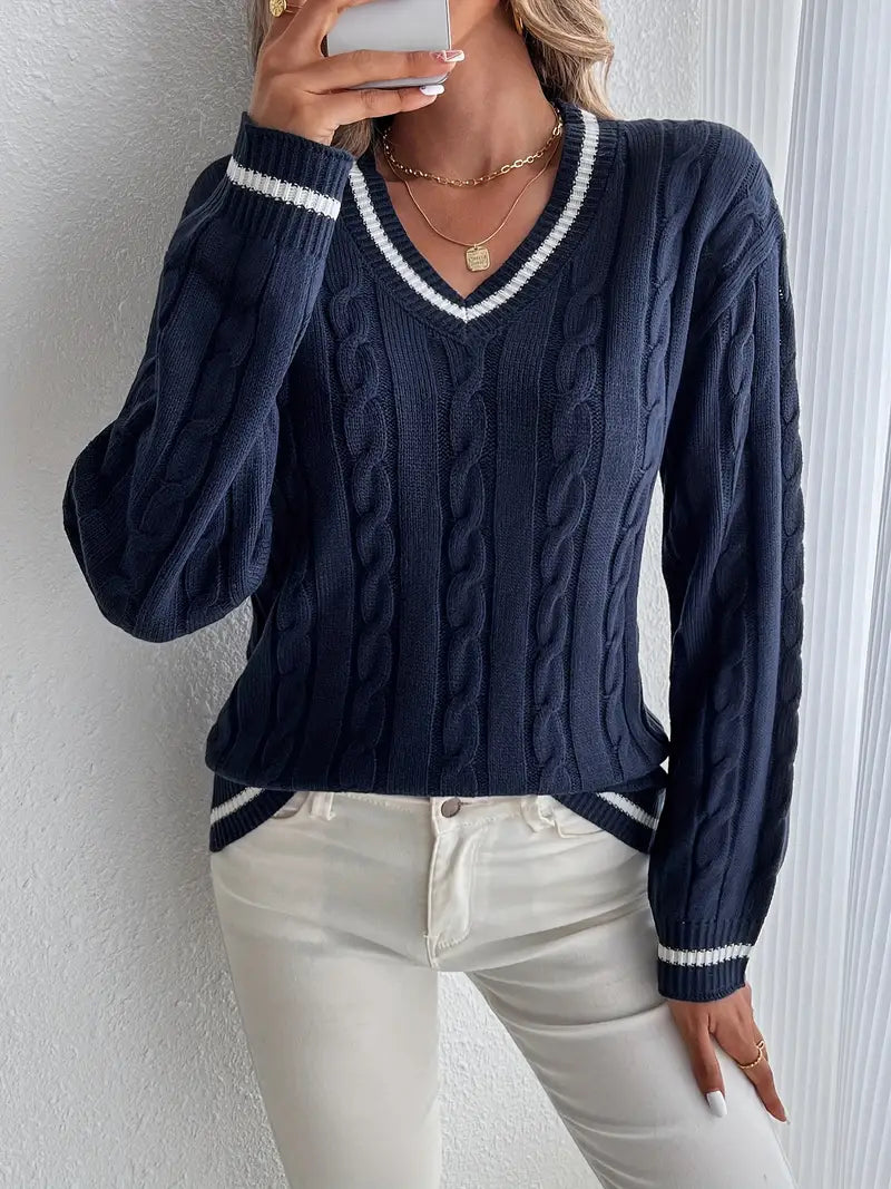 Pull Femme Col V À Finitions Côtelées Coupe Ample