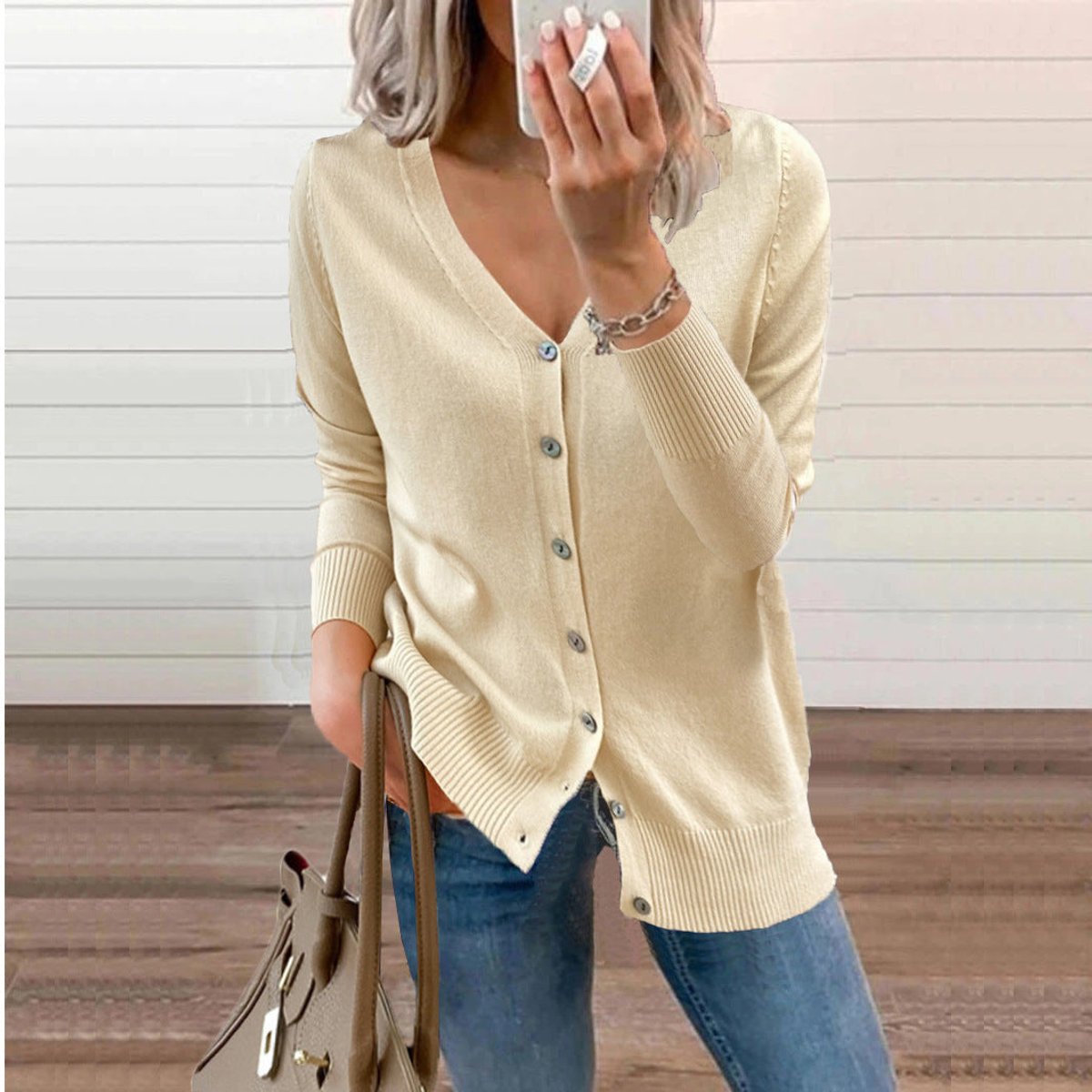 Cardigan col V boutonné manches longues pour femmes