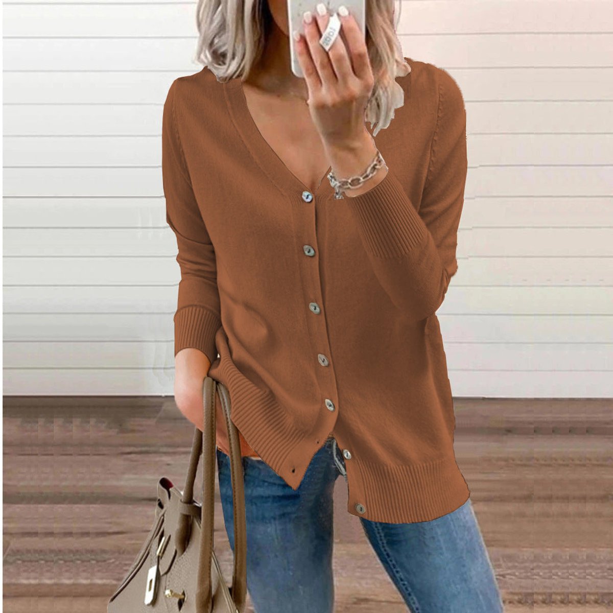 Cardigan col V boutonné manches longues pour femmes