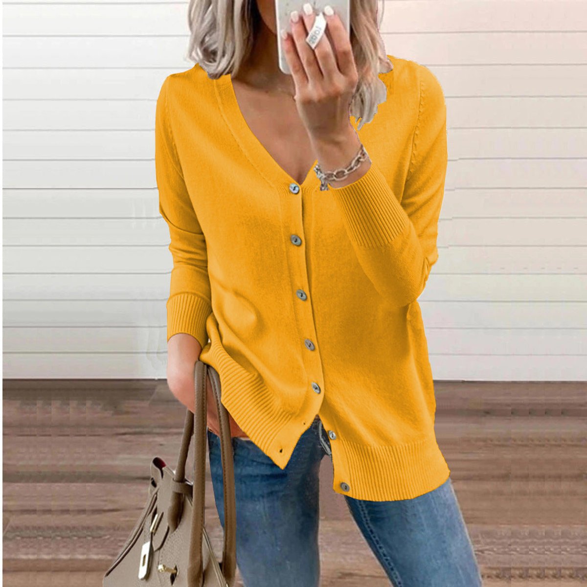 Cardigan col V boutonné manches longues pour femmes