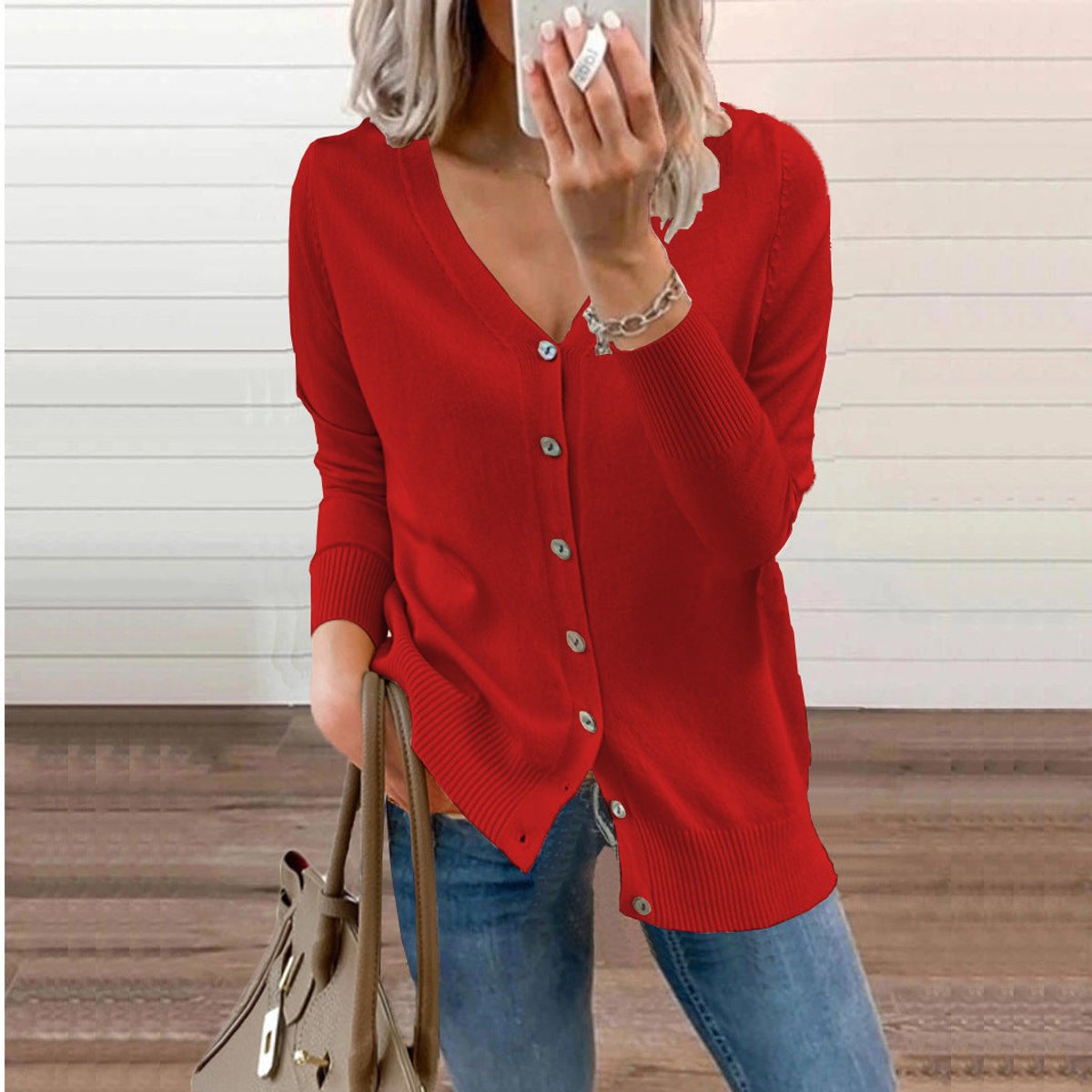 Cardigan col V boutonné manches longues pour femmes