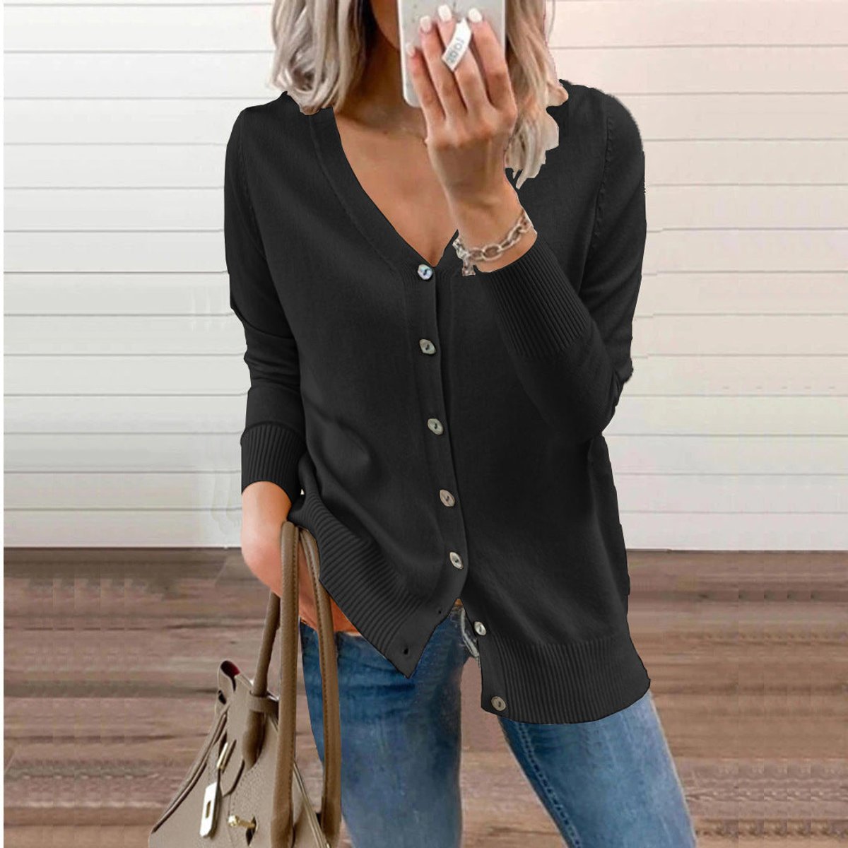 Cardigan col V boutonné manches longues pour femmes