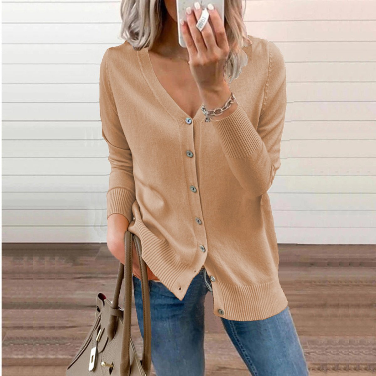 Cardigan col V boutonné manches longues pour femmes
