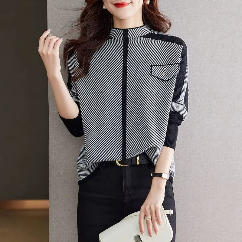 Haut Femme Élégant en Maille Rayée | Manches Longues