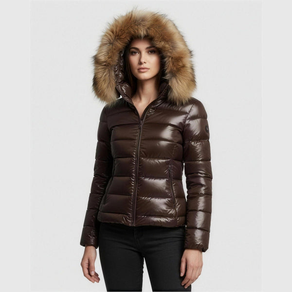 Doudoune Femme Brillante Capuche Fausse Fourrure – Ultra Chaude & Élégante