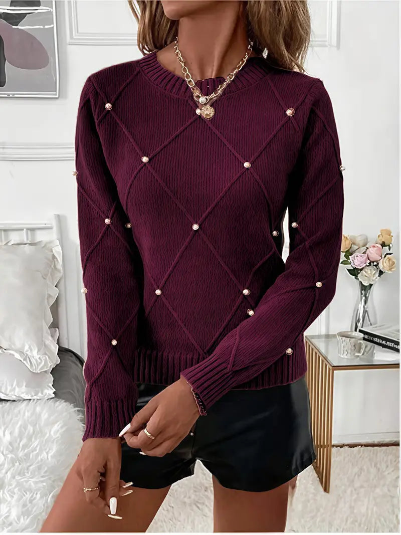 Fayrienne - Pull Femme en Maille avec Perles Décoratives