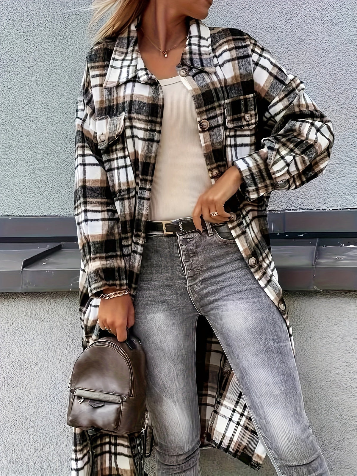 Evelora - Veste Longue à Imprimé Carreaux pour Femmes