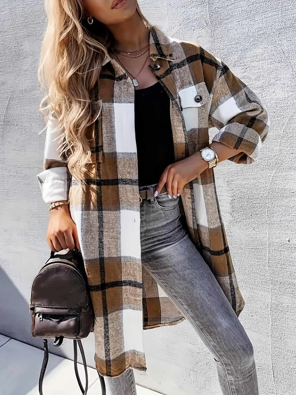 Evelora - Veste Longue à Imprimé Carreaux pour Femmes