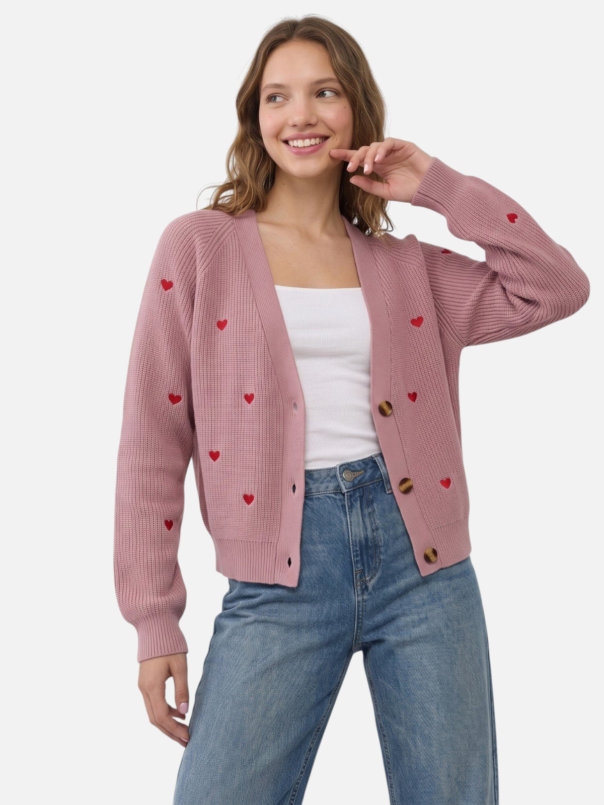 Gilet Femme Boutonné Motif Cœurs Brodés