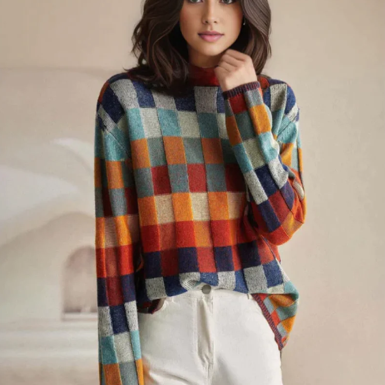 Pull à Carreaux Multicolores Adalynn | Look Décontracté | Coupe Oversize Confortable