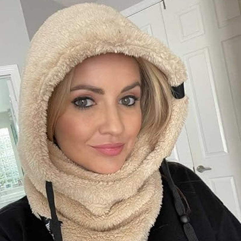Bonnet cagoule en polaire beige tour de cou