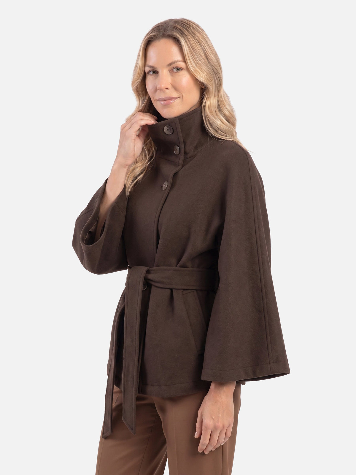 Manteau cape à col montant et ceinture pour femmes