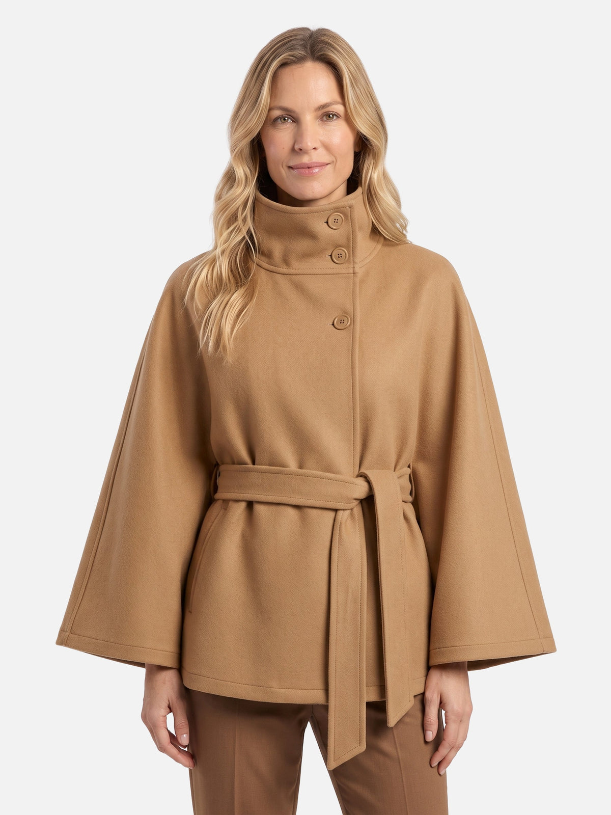 Manteau cape à col montant et ceinture pour femmes