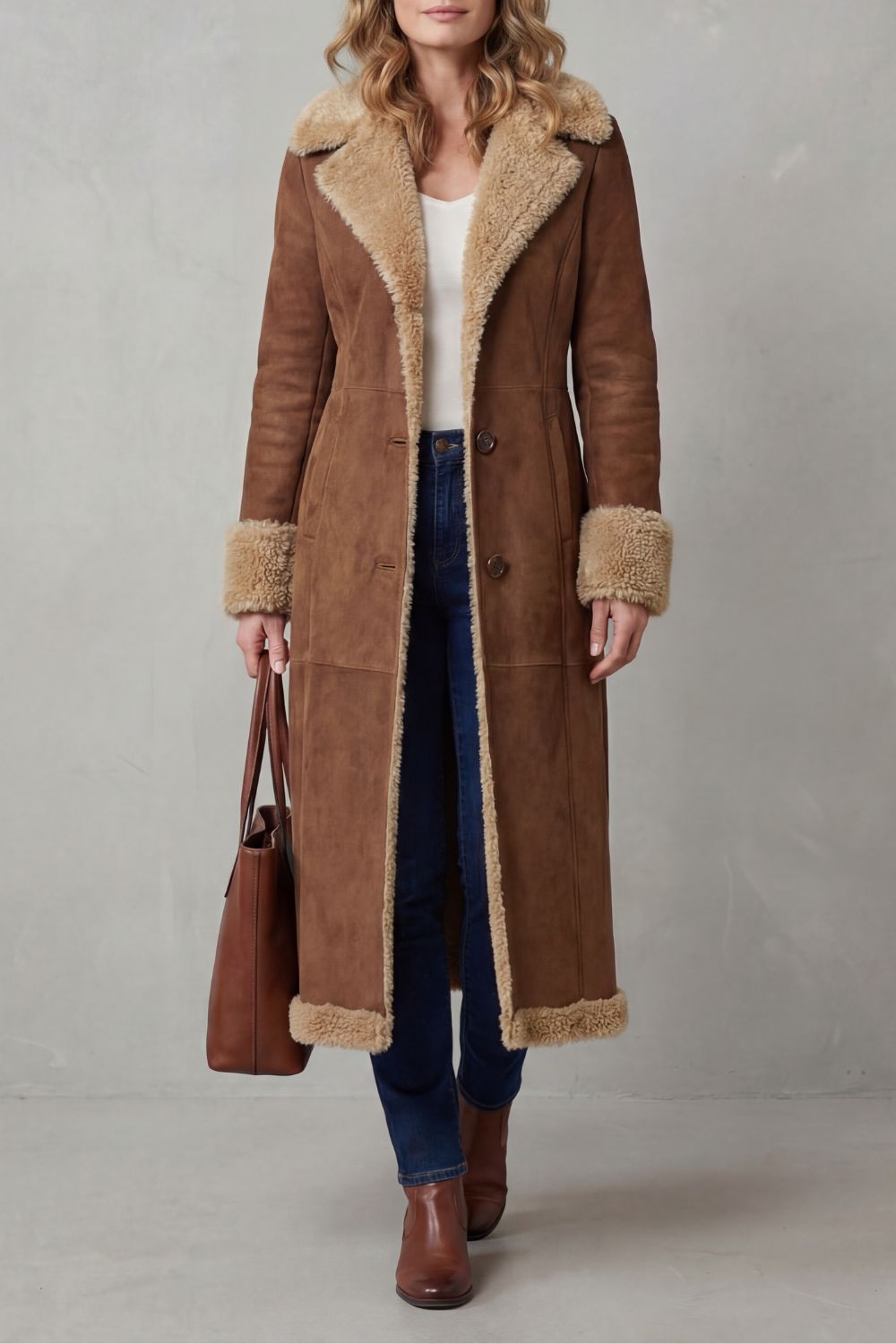 Manteau Long Femme Doublé Peau de Mouton - Silhouette Chaude