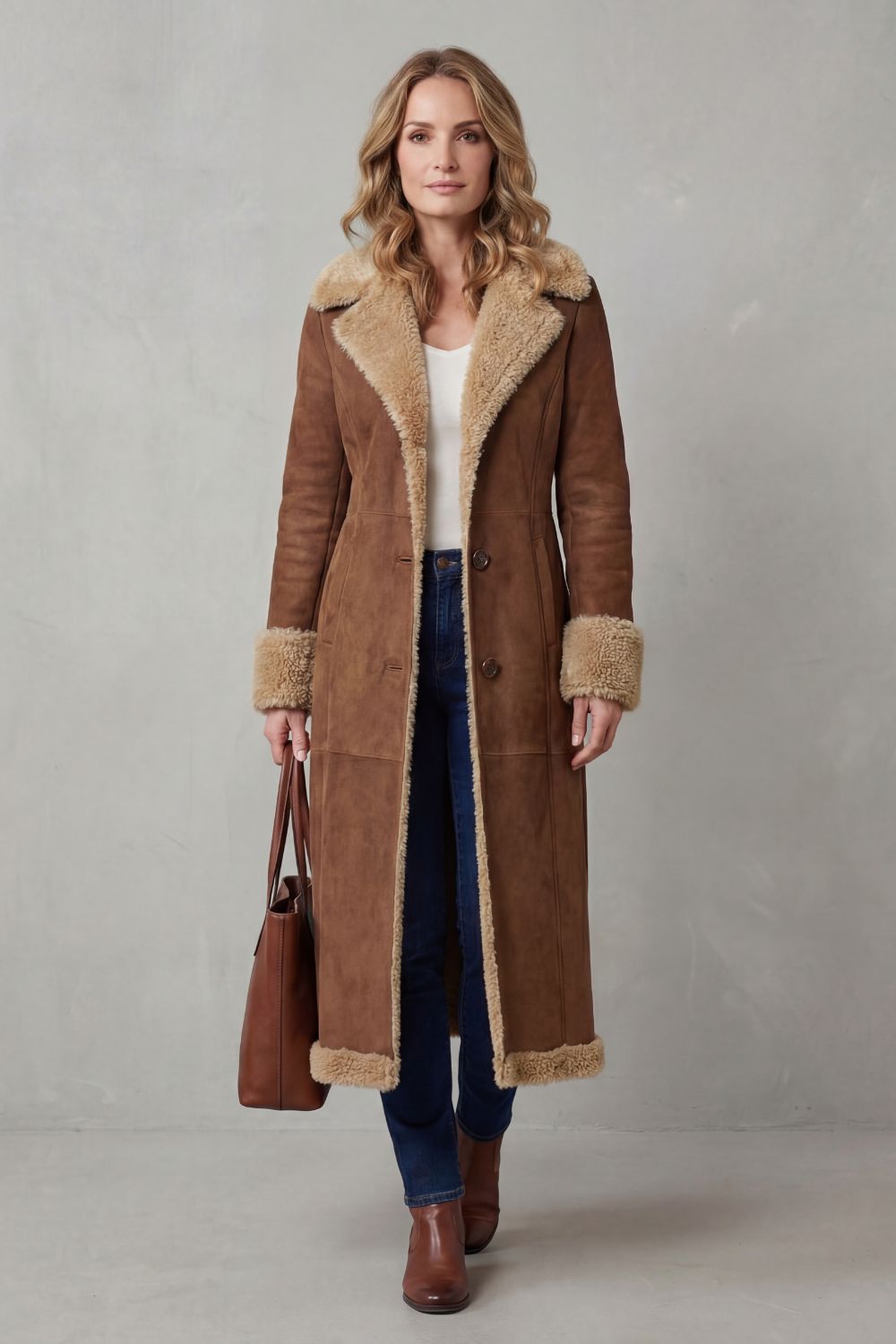 Manteau Long Femme Doublé Peau de Mouton - Silhouette Chaude