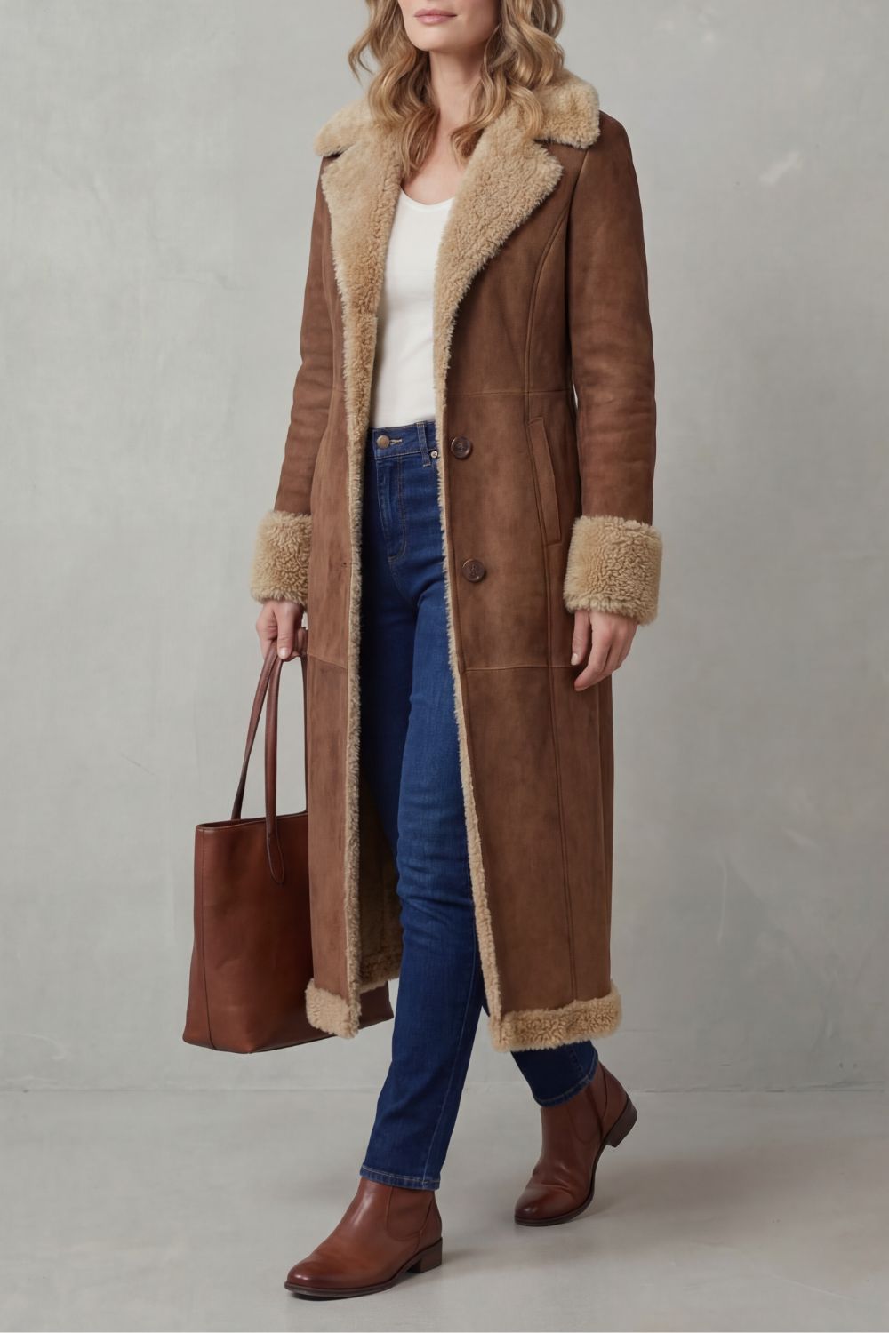 Manteau Long Femme Doublé Peau de Mouton - Silhouette Chaude