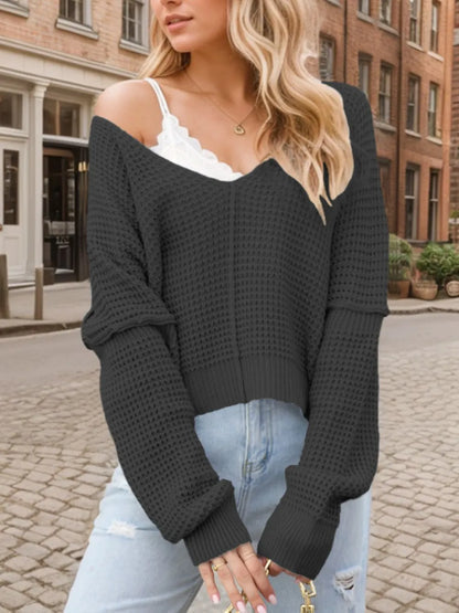 Nyanna - Pull ample en maille gaufrée à col V et manches longues