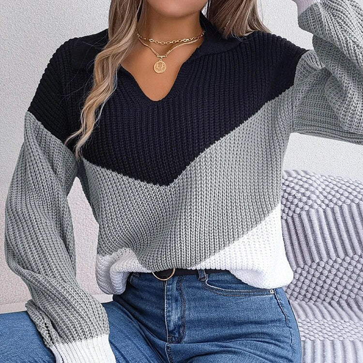 Pull Femme En Maille À Col V Multicolore