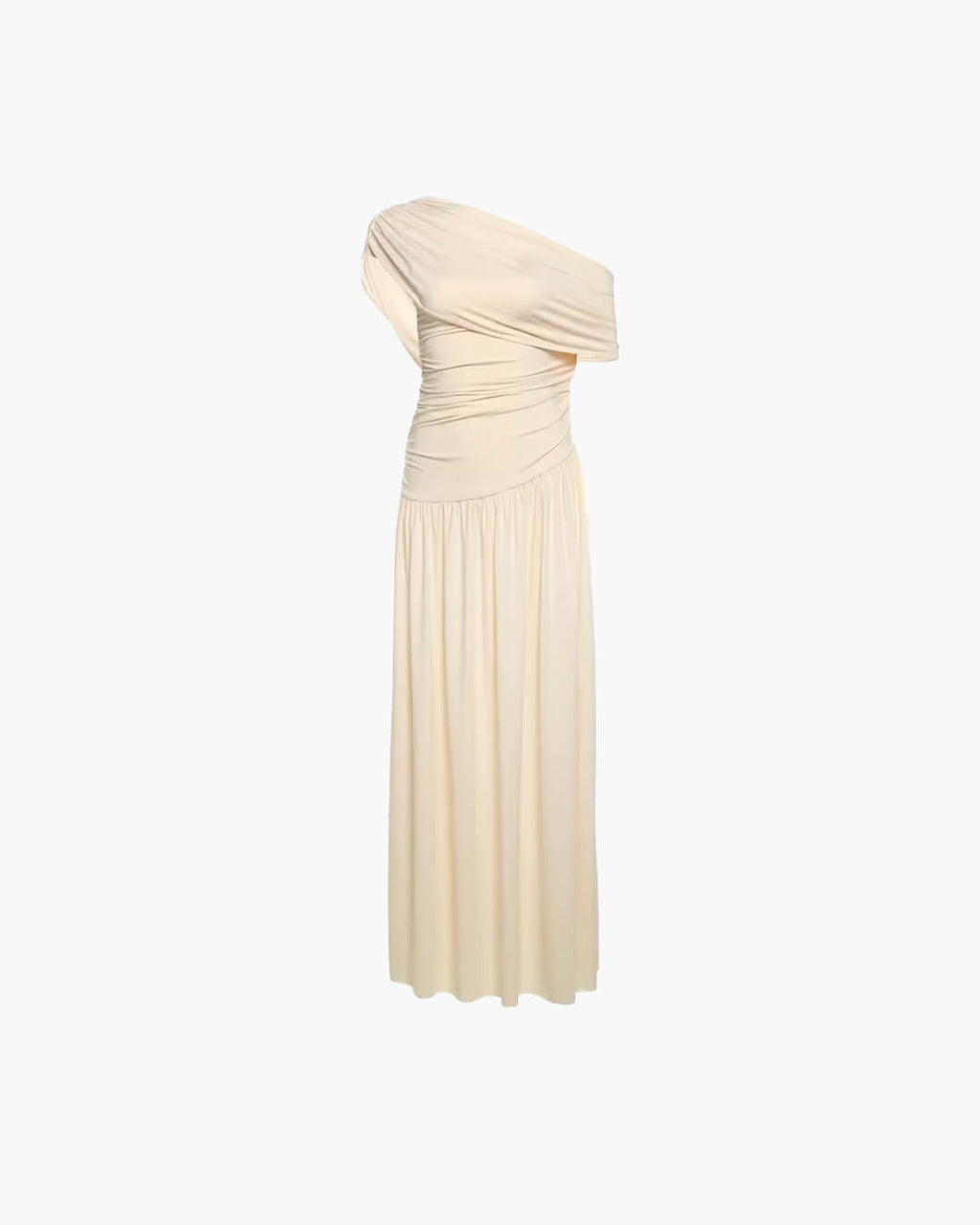 Robe longue drapée en crème, vue frontale sur mannequin invisible montrant l'épaule asymétrique