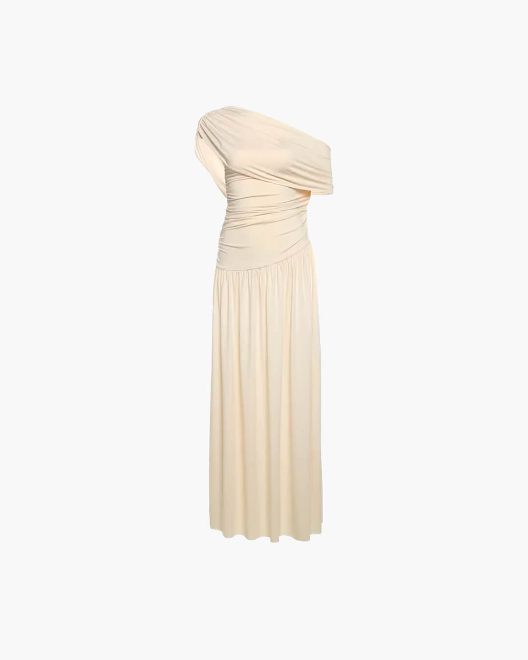 Robe longue drapée en crème, vue frontale sur mannequin invisible montrant l'épaule asymétrique