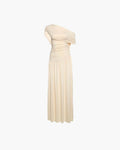Robe longue drapée en crème, vue frontale sur mannequin invisible montrant l'épaule asymétrique