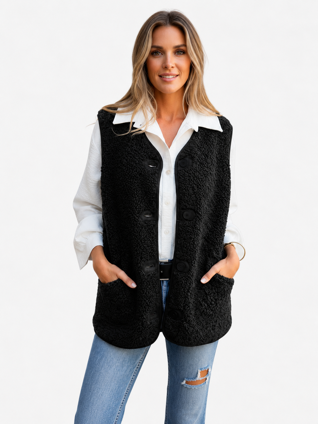 Gilet Femme en Peluche Teddy à Boutons