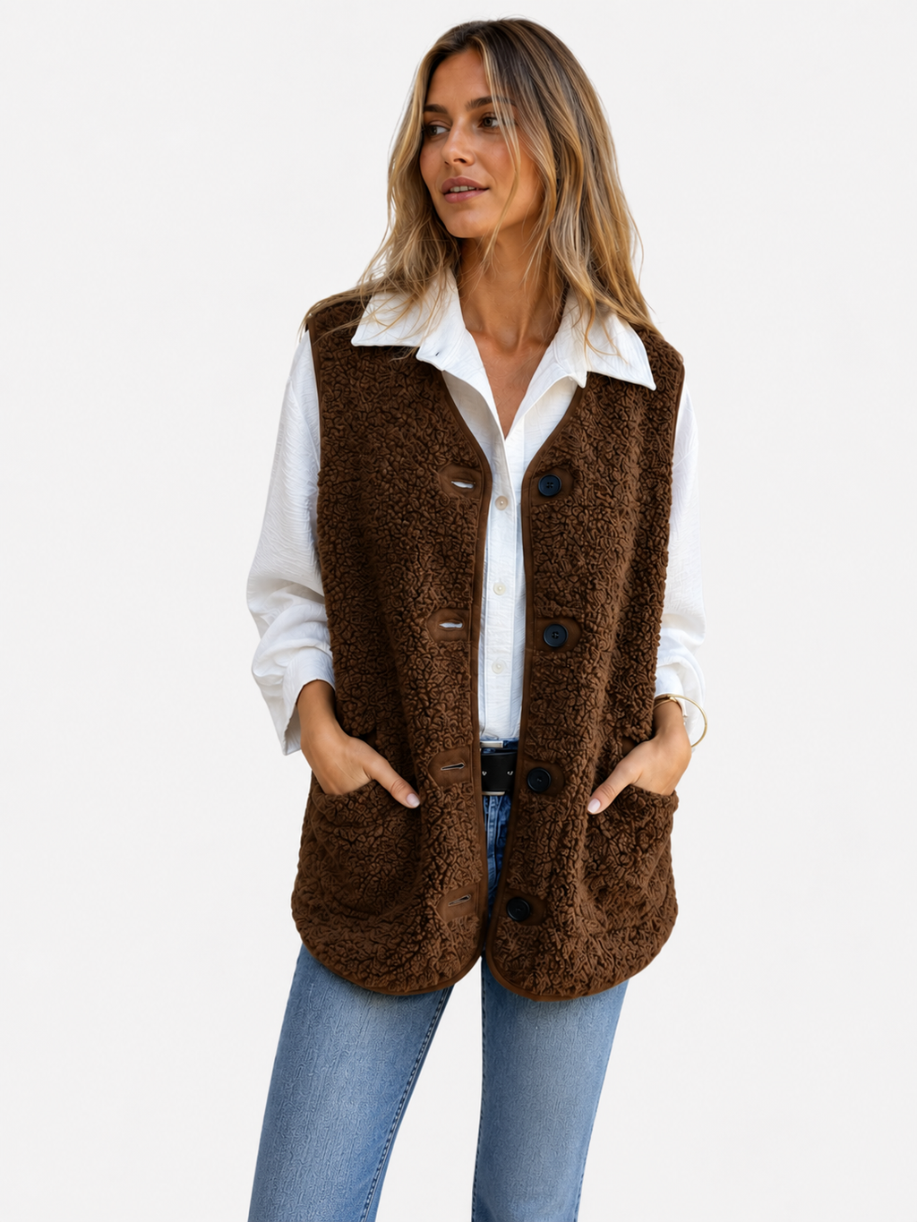 Gilet Femme en Peluche Teddy à Boutons