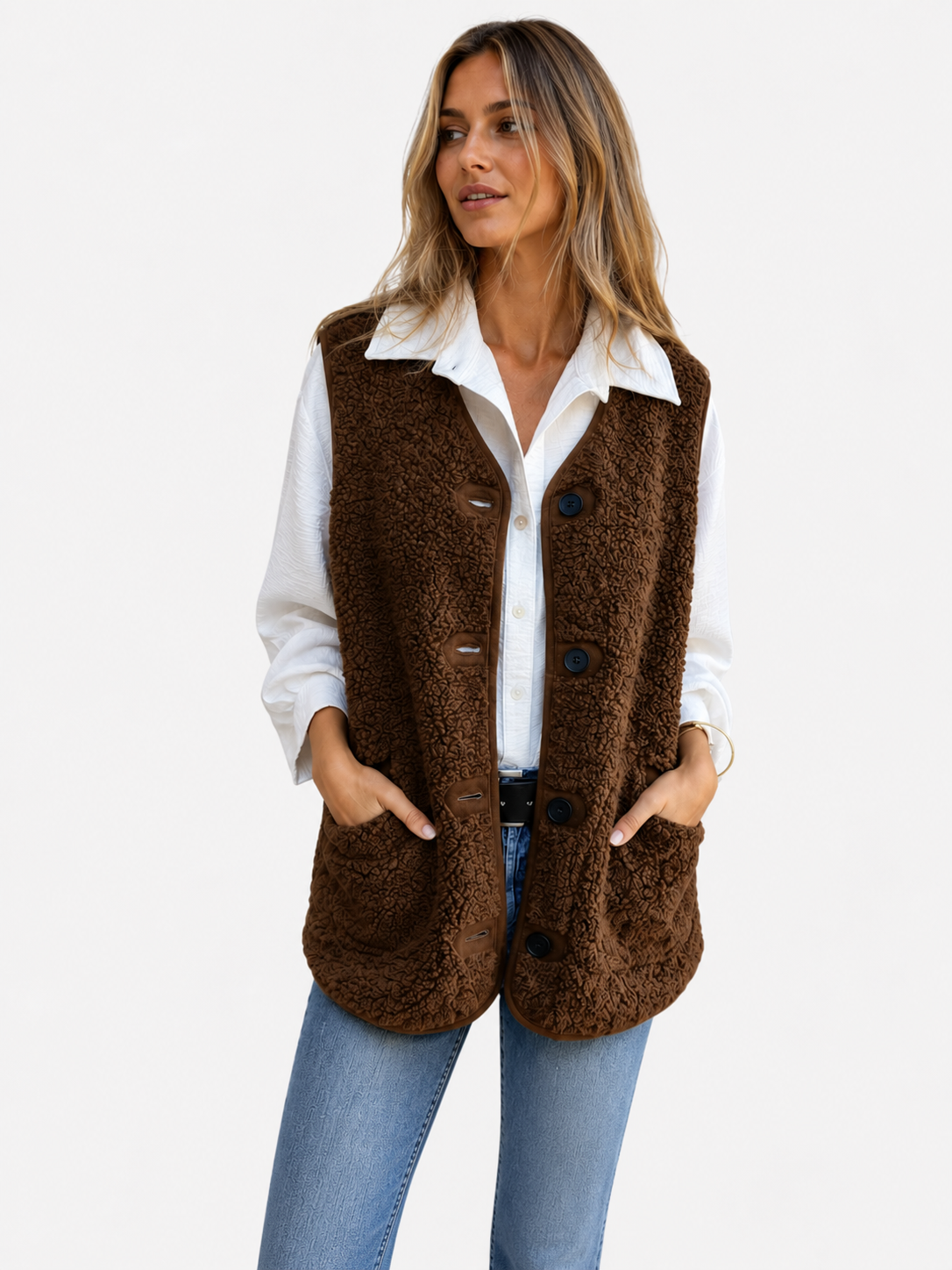 Gilet Femme en Peluche Teddy à Boutons