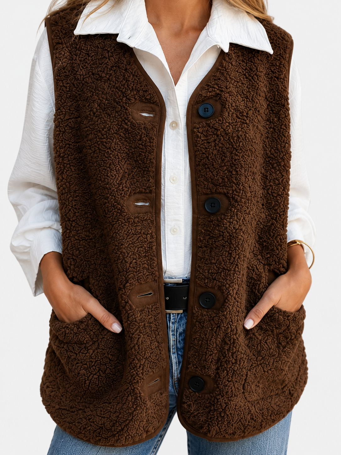 Gilet Femme en Peluche Teddy à Boutons