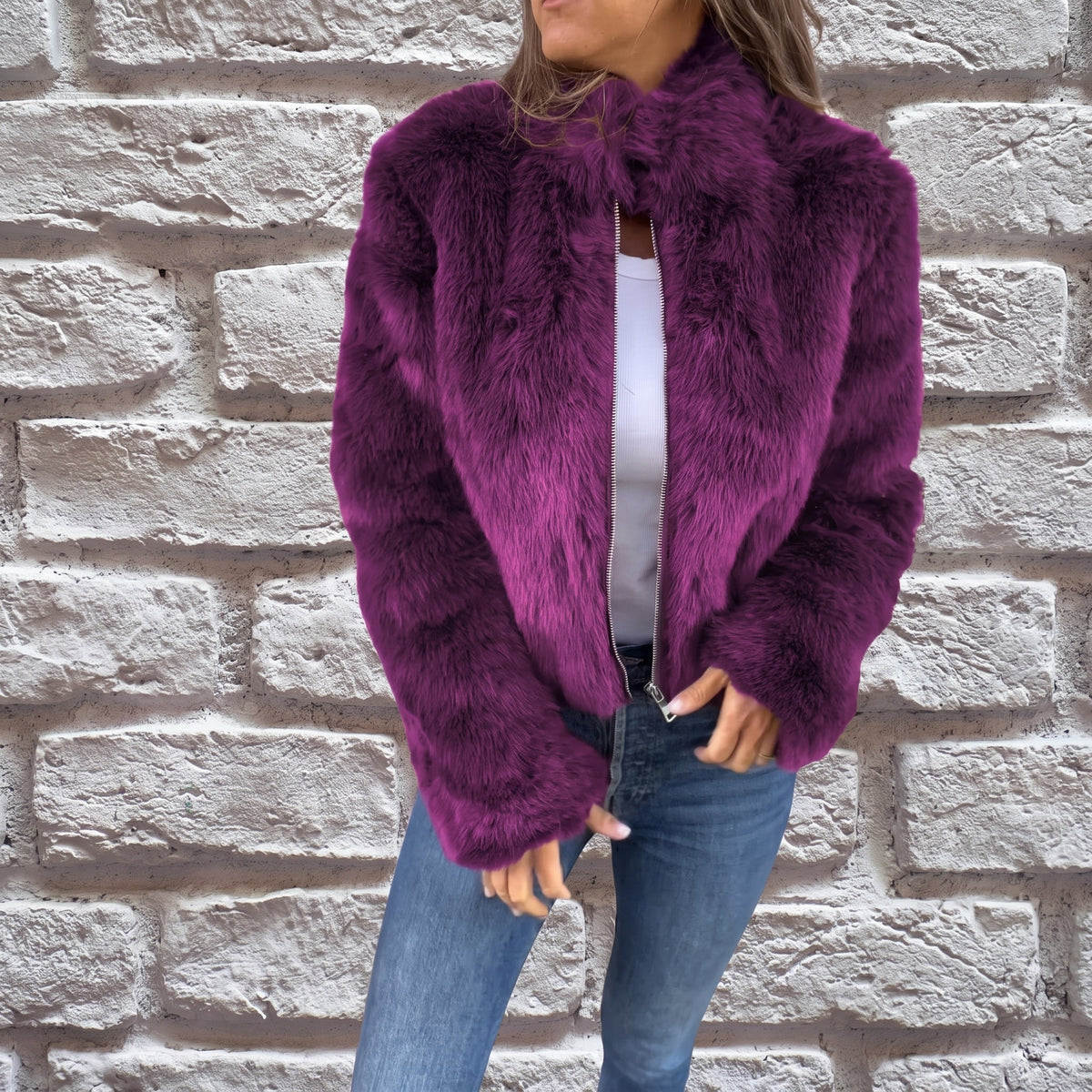 Veste courte à col montant zippée pour femmes