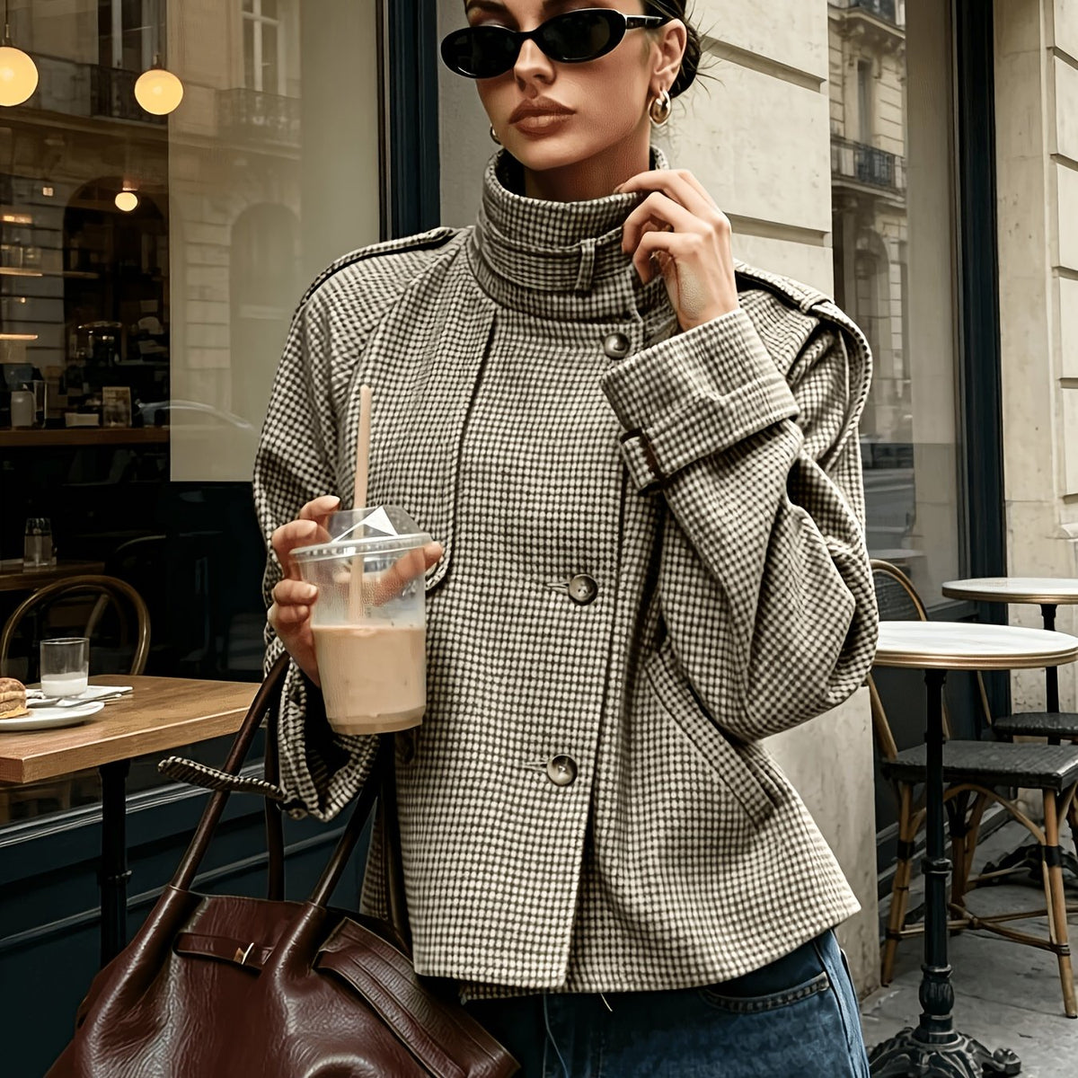Veste femme croisée à carreaux - Col montant