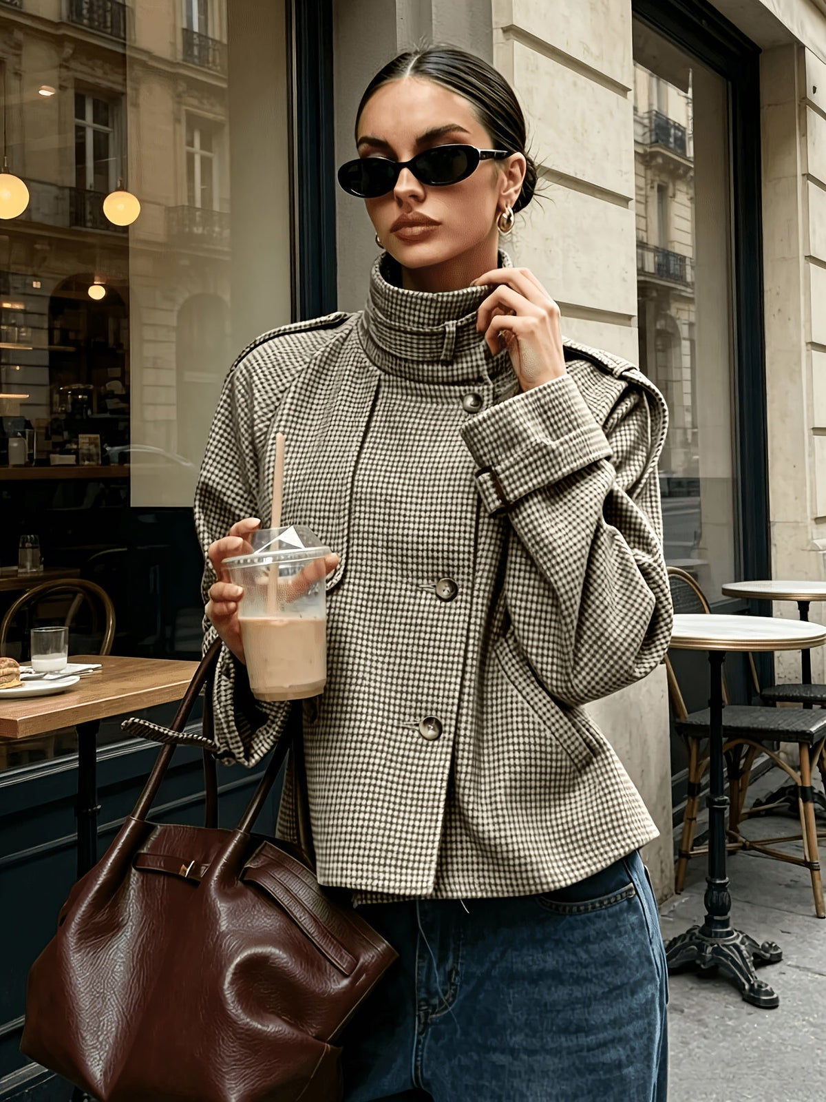 Veste femme croisée à carreaux - Col montant