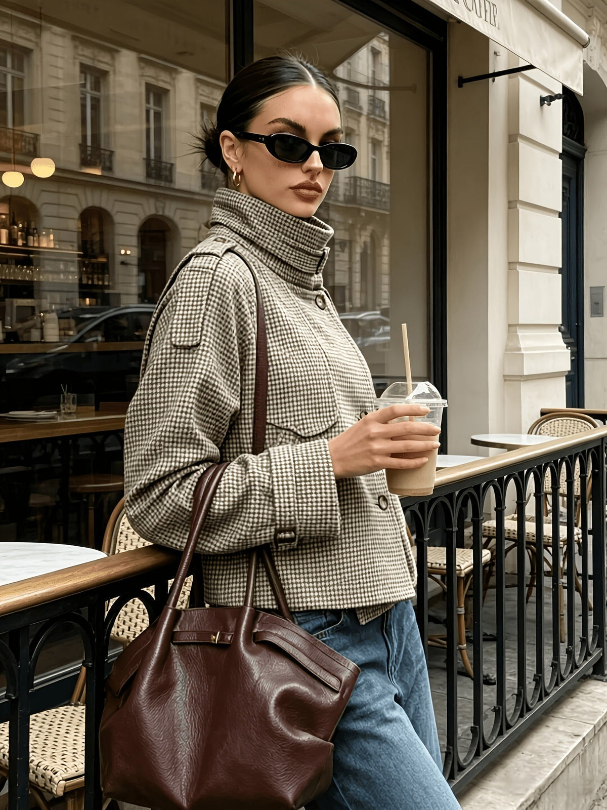 Veste femme croisée à carreaux - Col montant