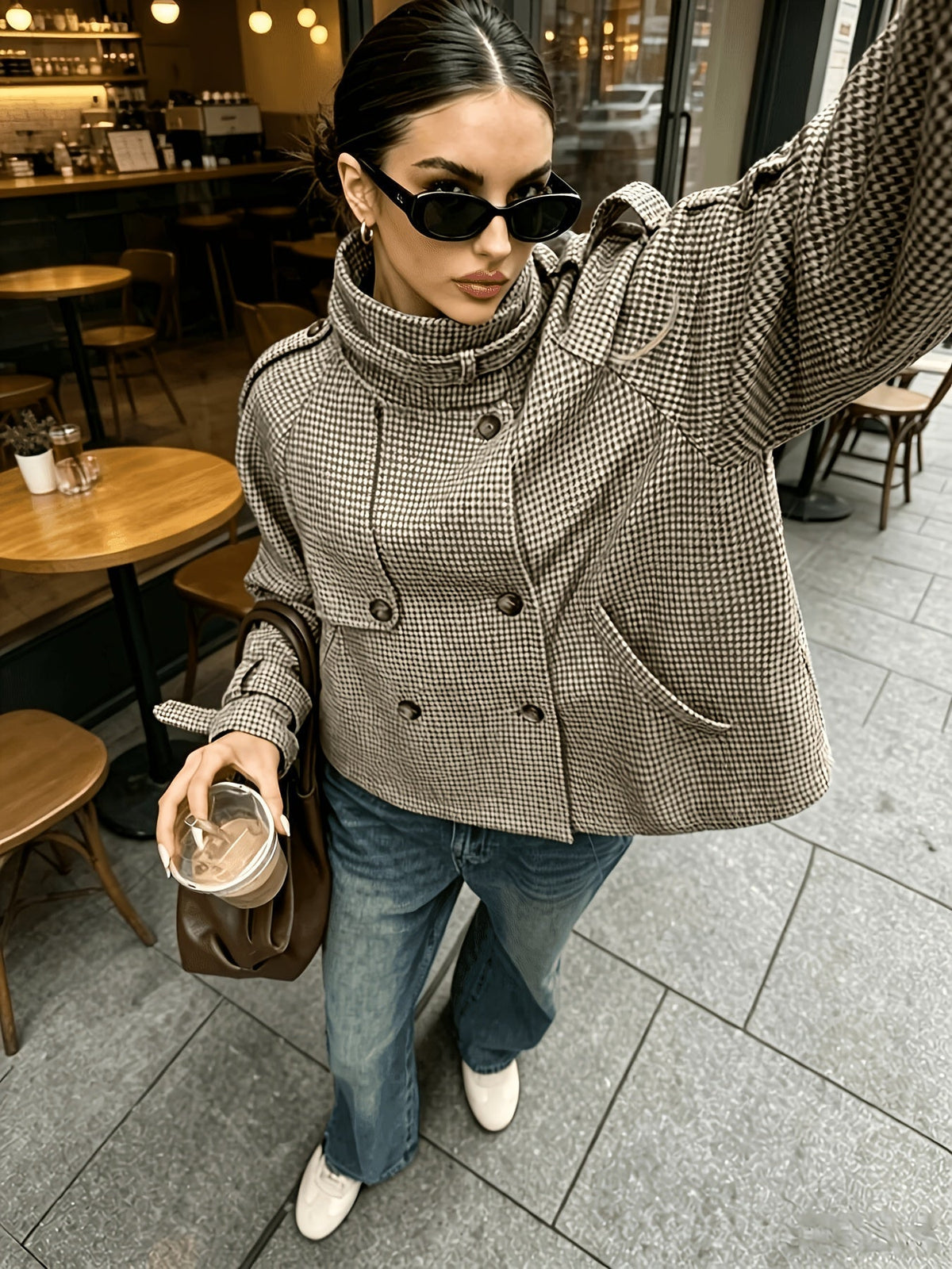 Veste femme croisée à carreaux - Col montant
