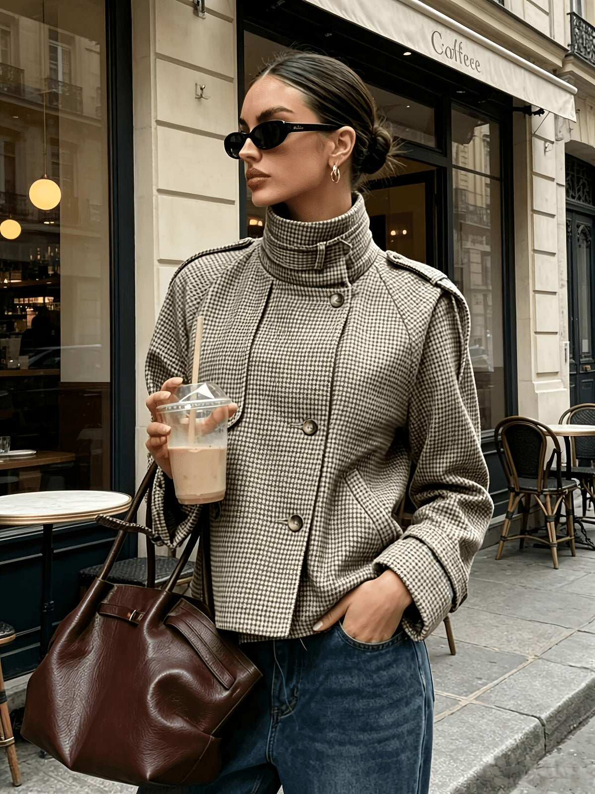 Veste femme croisée à carreaux - Col montant