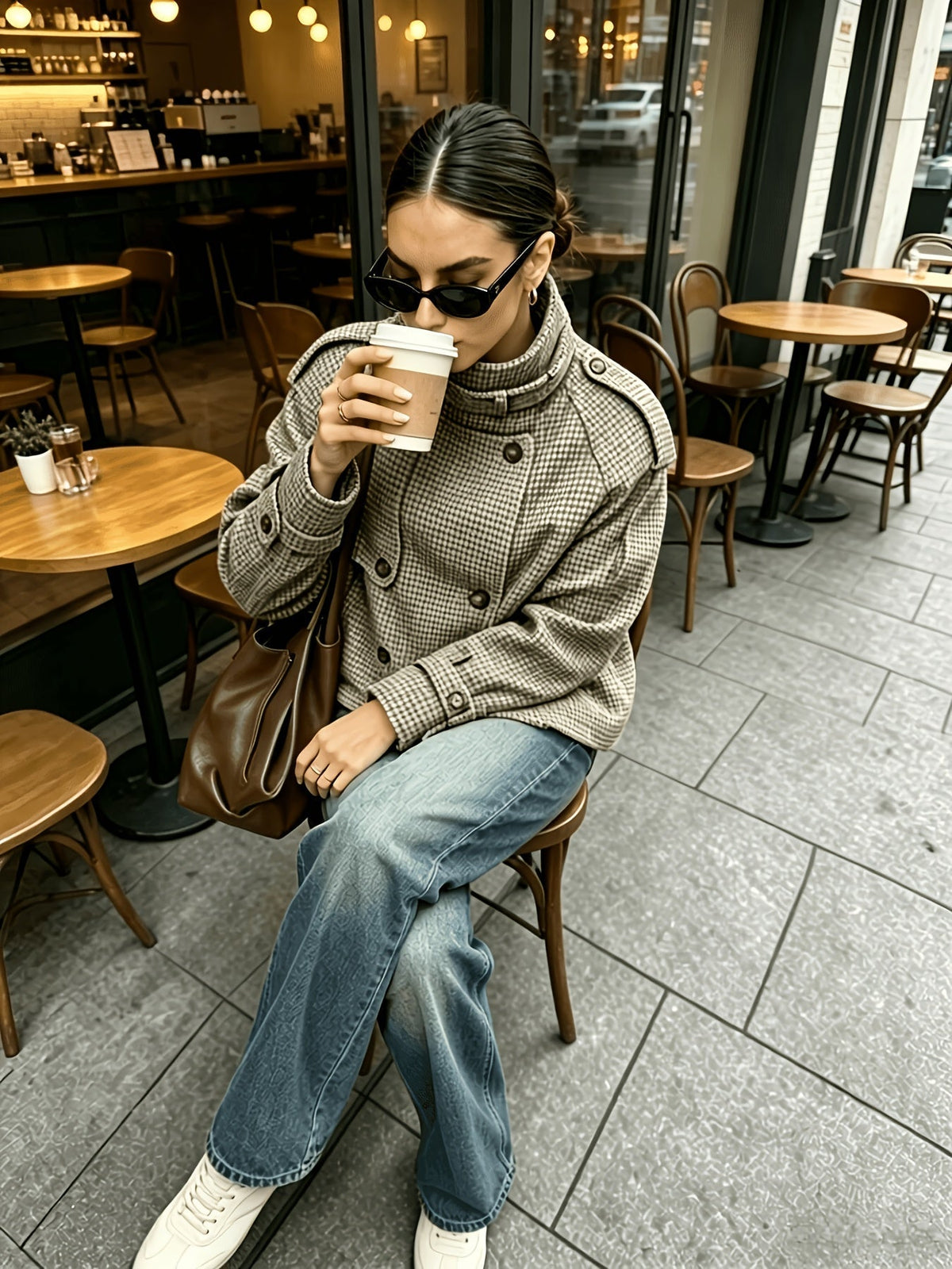 Veste femme croisée à carreaux - Col montant