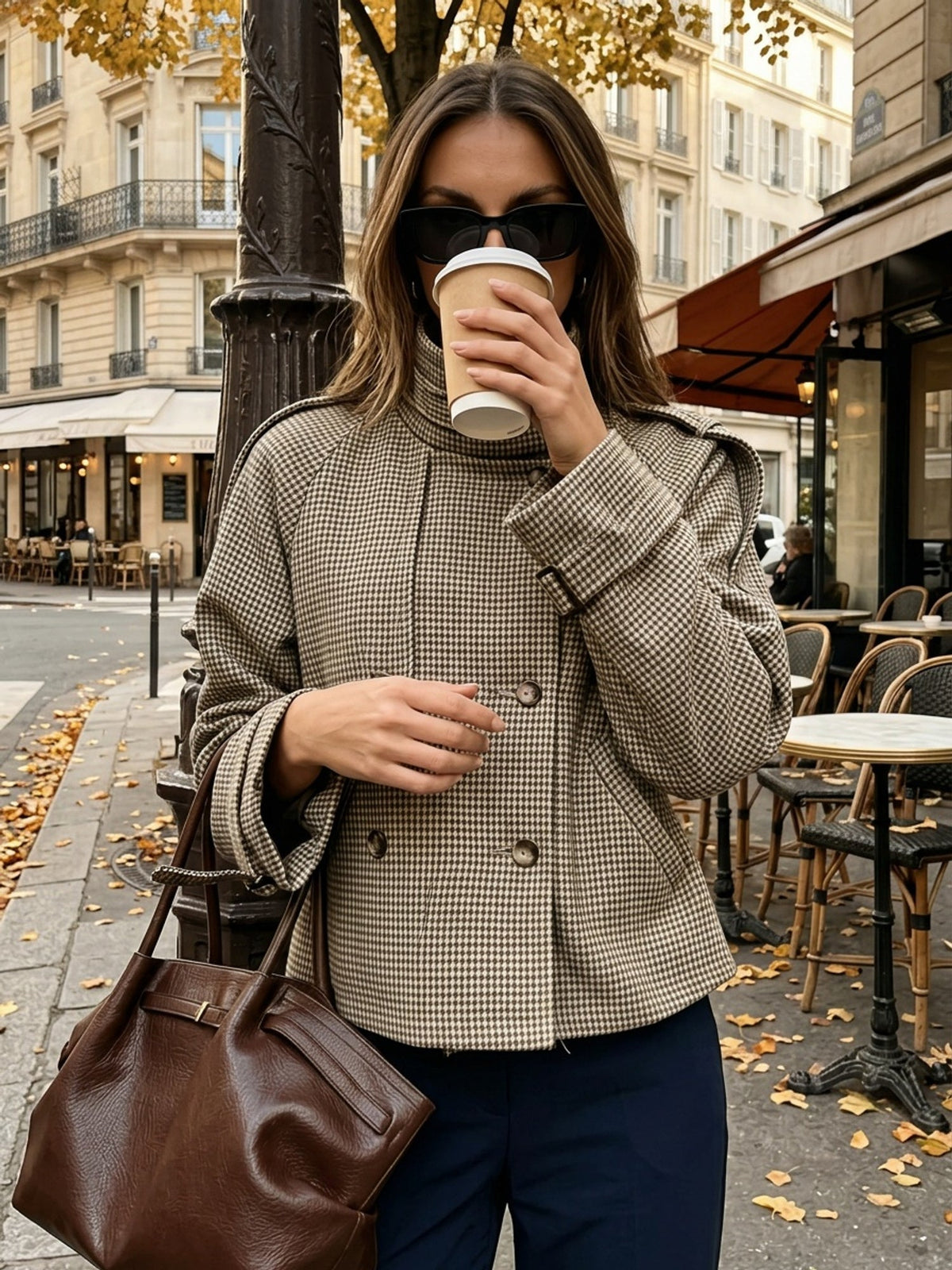 Veste femme croisée à carreaux - Col montant