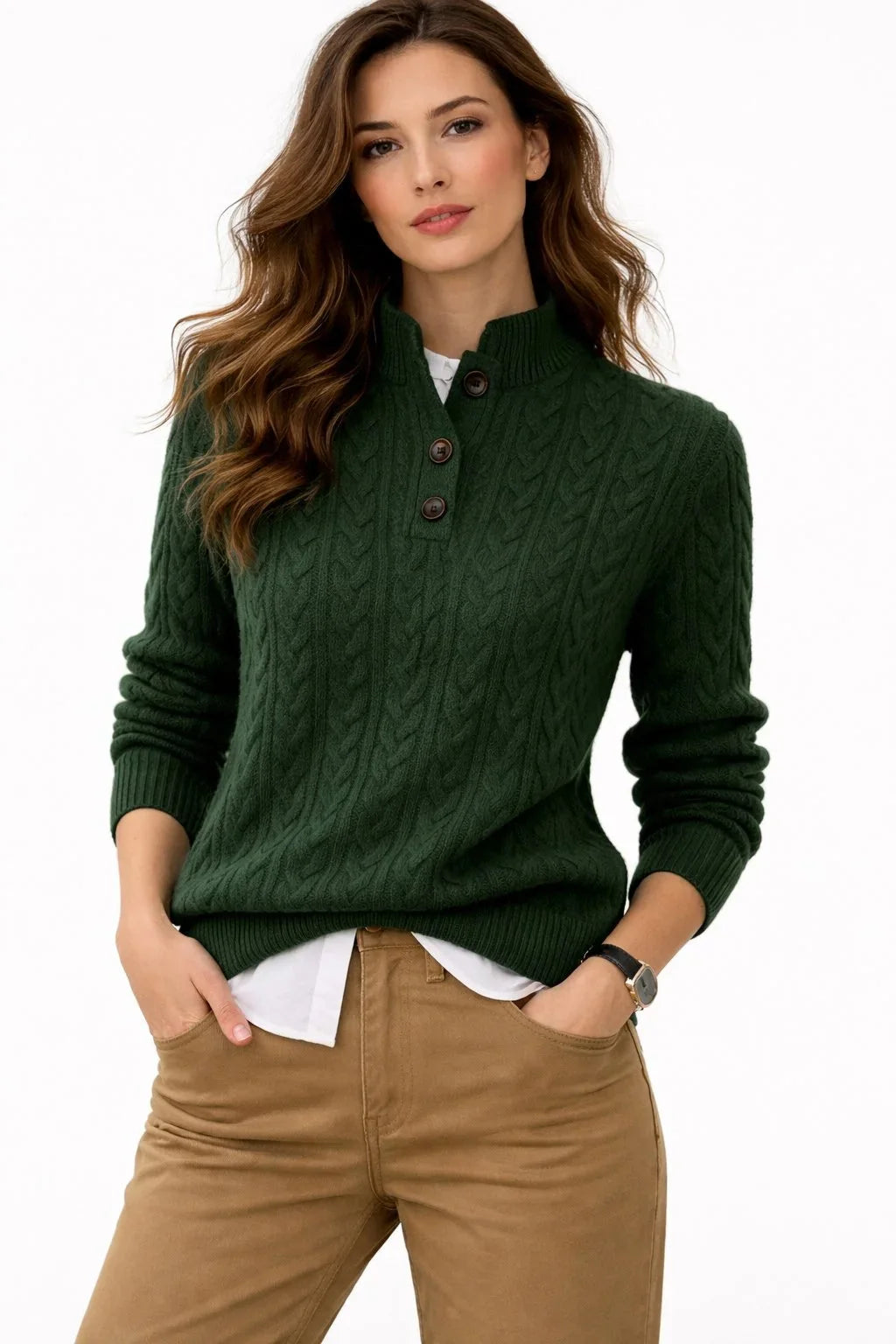 Pull en maille torsadée à col boutonné en mélange de laine pour femme
