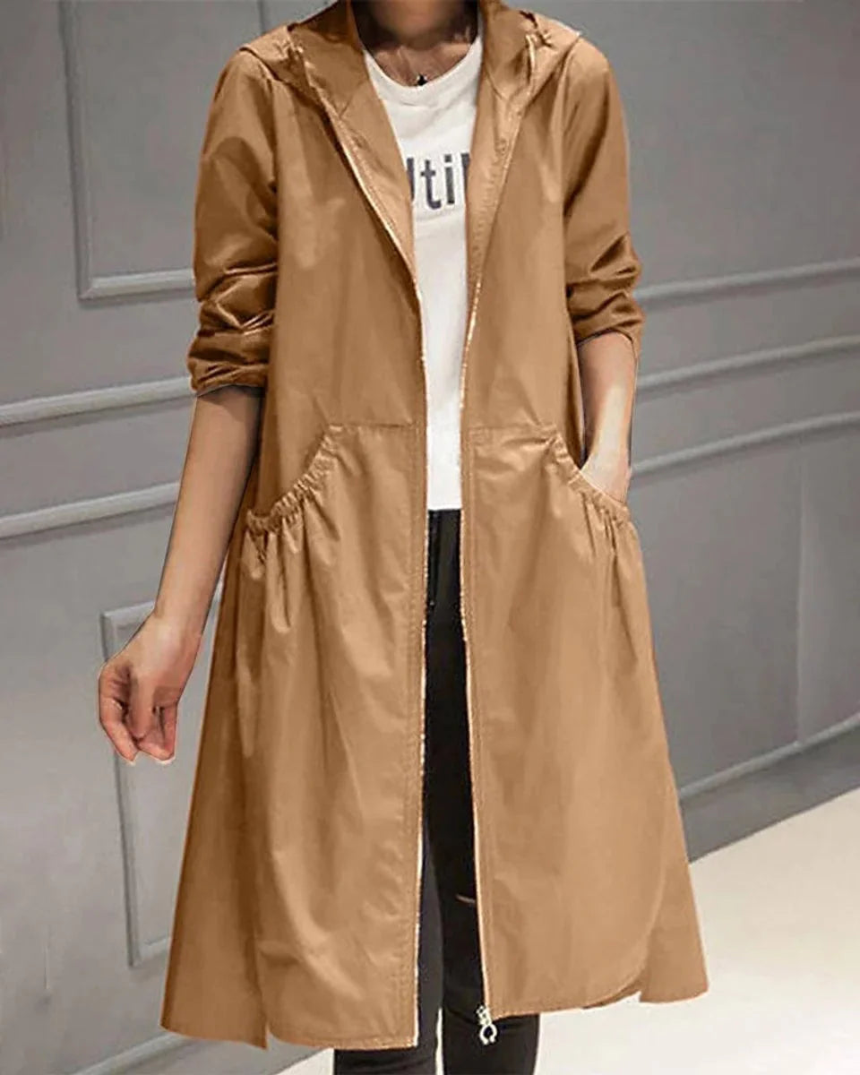 Trench-coat long imperméable à capuche pour femme