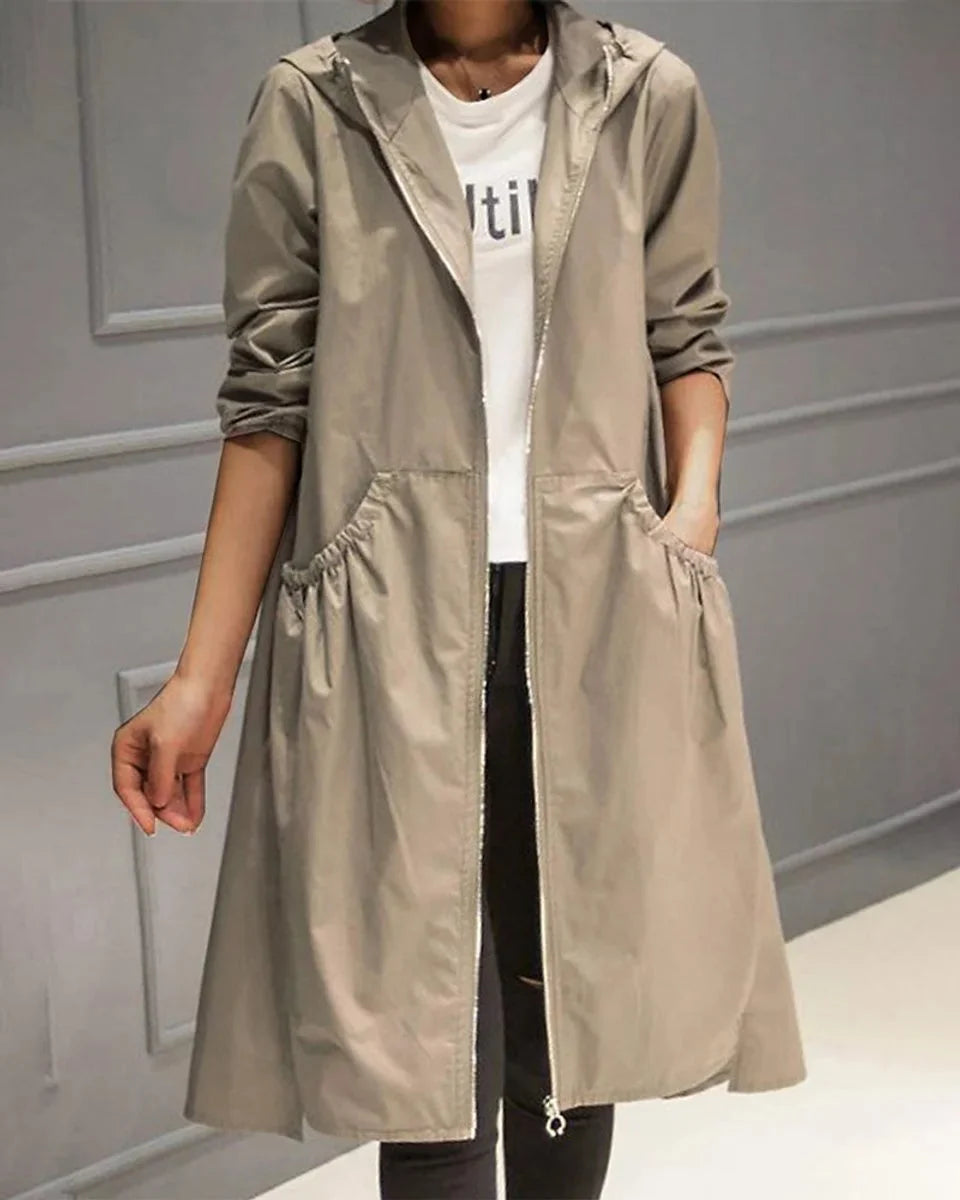 Trench-coat long imperméable à capuche pour femme