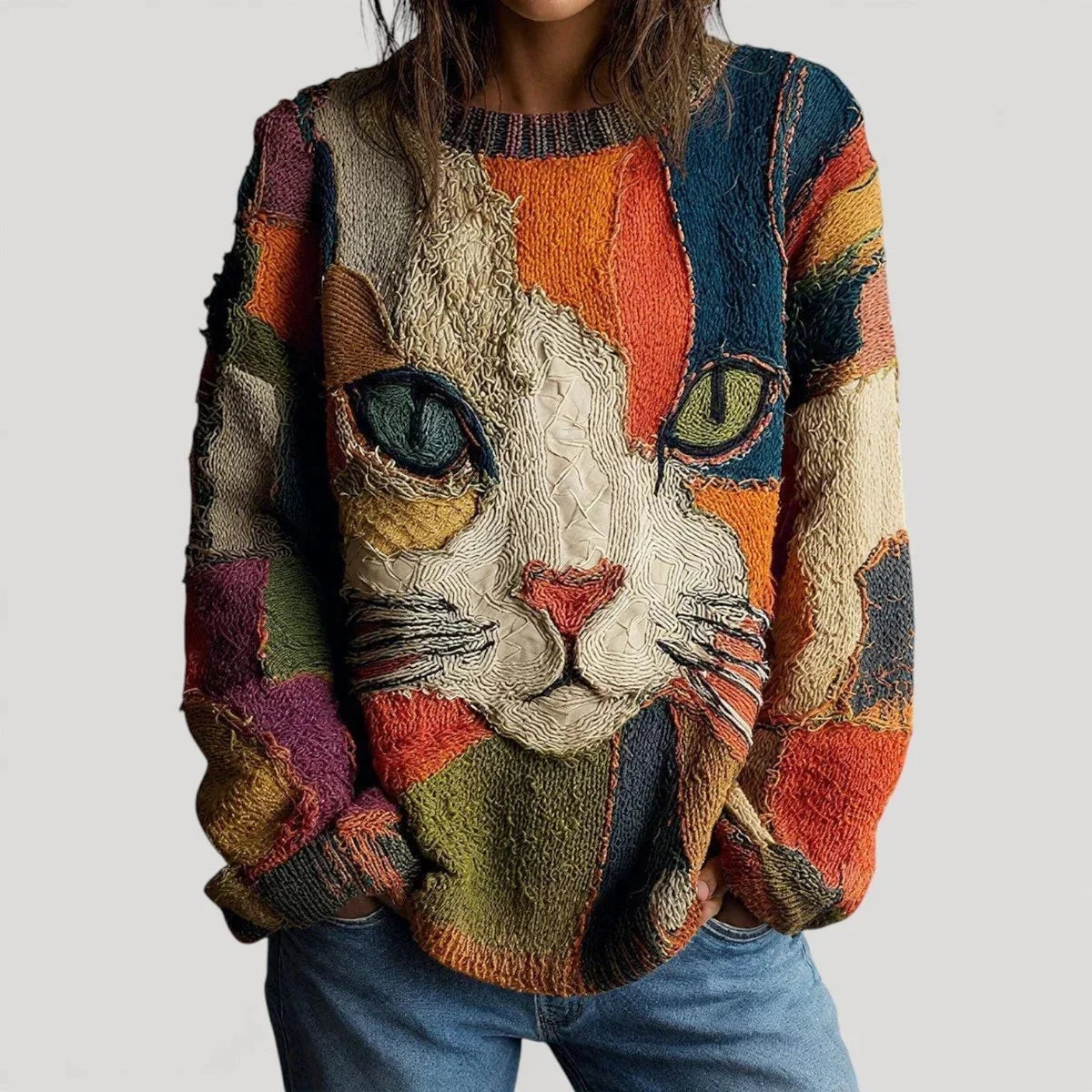 Pull en maille à col rond et motif chat pour femme - Coupe décontractée