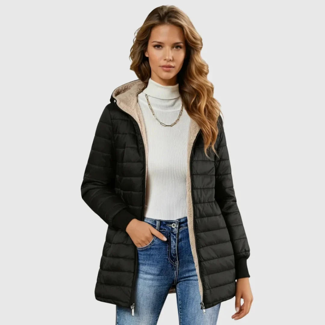 Doudoune à capuche pour femme doublée en sherpa avec poignets côtelés